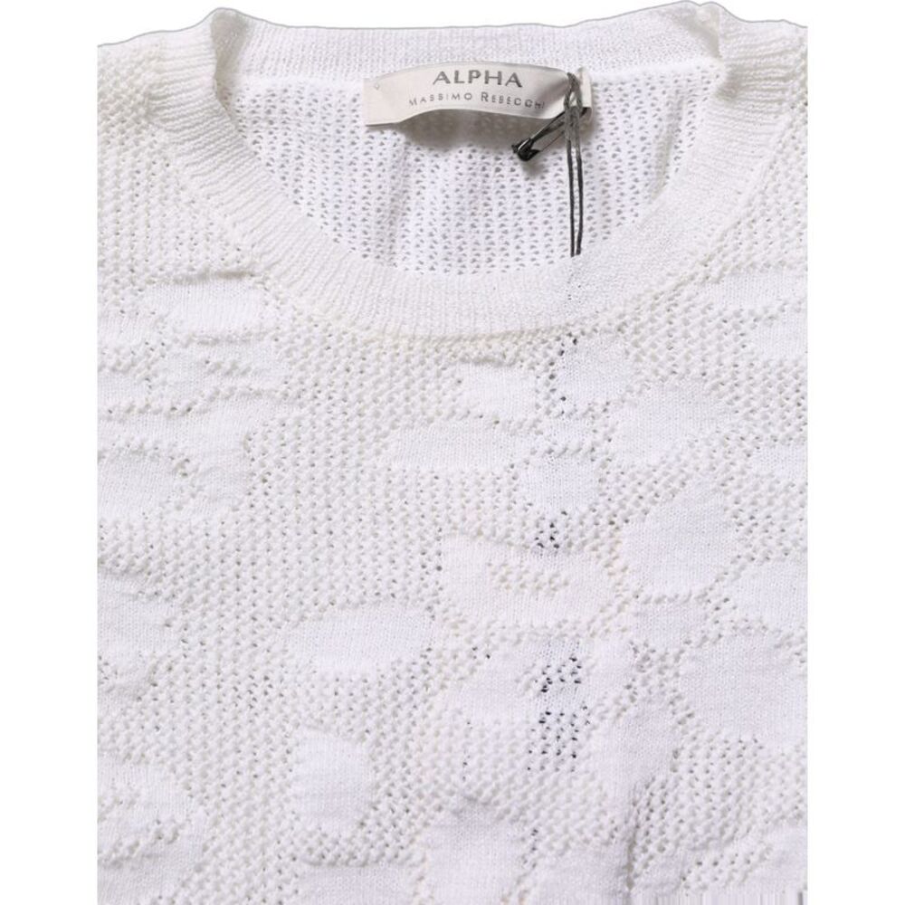 Alpha Studio White Floral Lace Knit Fabric Short Sleeves Blouse Women's Top